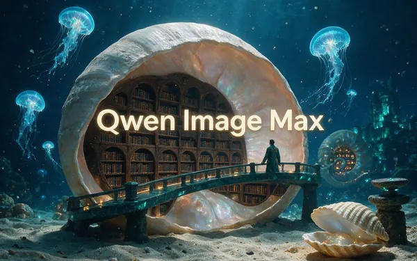 Qwen Image Max title card — a complex surreal scene that follows a long prompt