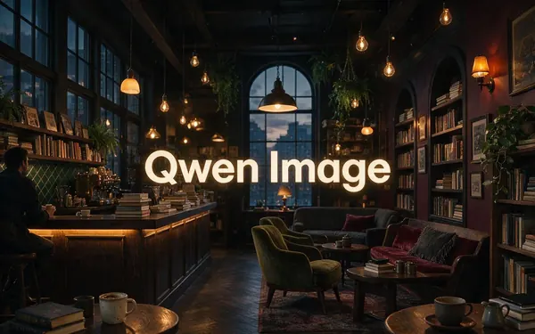 Qwen Image title card — a versatile photoreal image of a cosy bookstore café interior with warm lamps and stacked books