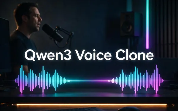 Qwen3 Voice Clone title card — two mirrored waveforms on a dark studio desk