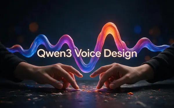 Qwen3 Voice Design title card — a pair of hands sculpting a glowing voice waveform out of light like clay