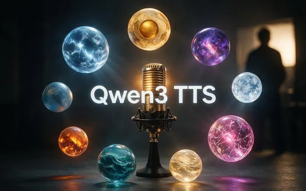 Qwen3 TTS title card — nine glowing characterful voice orbs circling a vintage ribbon microphone in a dark room
