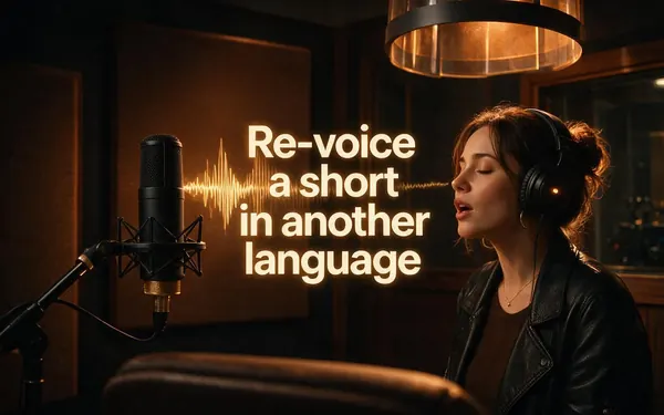 Re-voice a short in another language title card — a dubbing booth with a microphone and headphones