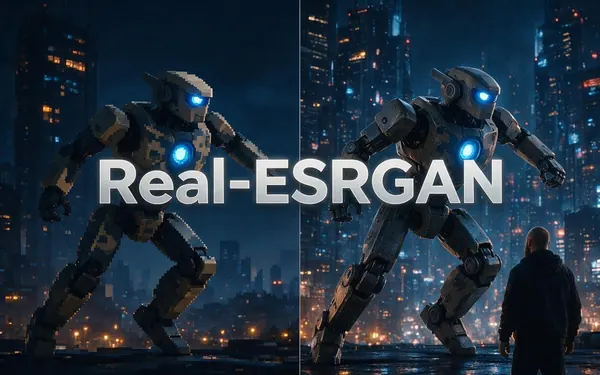 Real-ESRGAN title card — a small pixelated render of a robot sharpened into clean crisp detail on one side of a vertical split