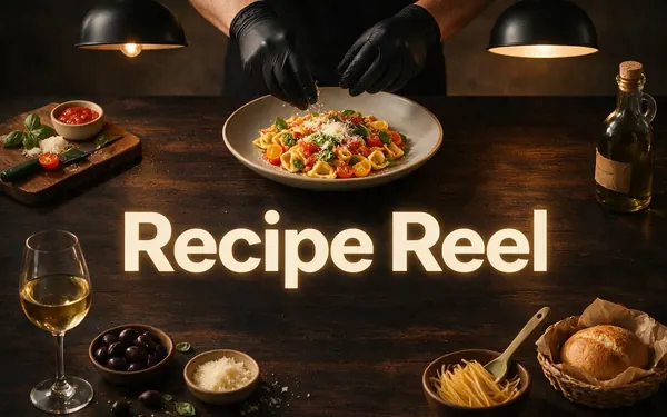 Recipe Reel title card — hands plating a colourful pasta dish under warm kitchen light