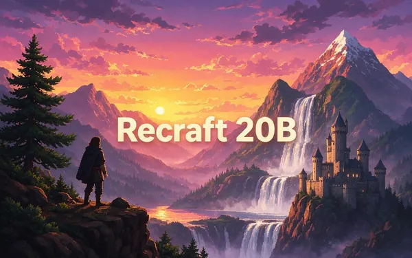 Recraft 20B title card — a vibrant pixel-art landscape of a castle beside a waterfall under a sunset sky