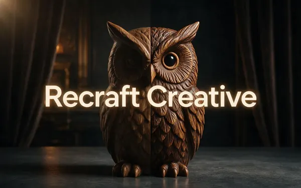 Recraft Creative title card — a carved wooden owl figurine gaining richer wood grain