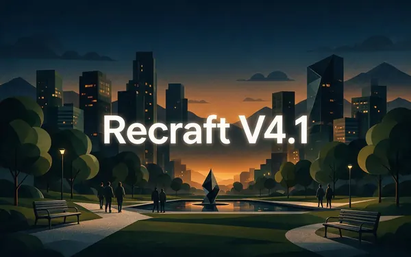 Recraft V4.1 title card — a flat vector illustration of a city park with geometric trees