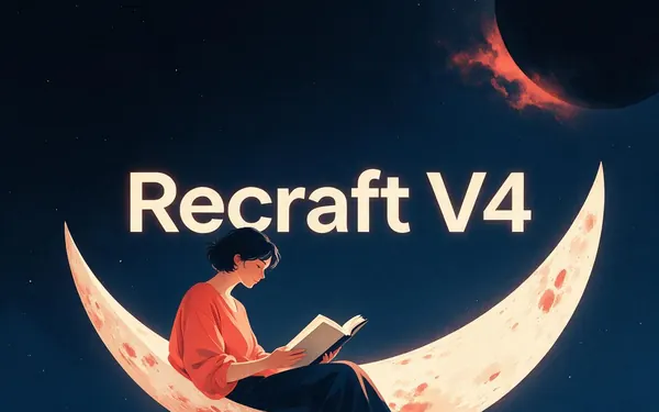 Recraft V4 title card — an art-directed editorial illustration of a person reading on a crescent moon