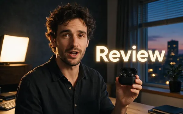 Review title card — a fictional adult man talking to a phone camera while holding up unbranded matte wireless headphones