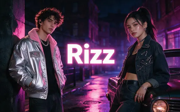 Rizz title card — bold neon nightlife scene with hot pink and electric purple light on a confident fictional adult creator in a stylish jacket