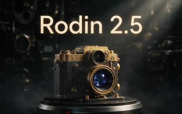 Rodin 2.5 title card — a studio-grade 3D model of an ornate vintage film camera on a turntable