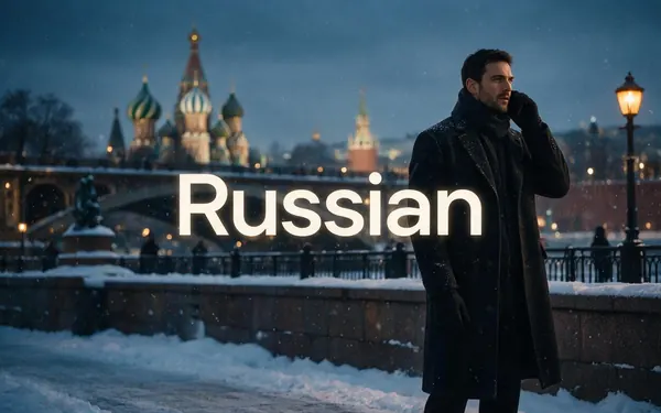 Russian title card — a fictional adult creator in a warm coat talking to a phone on a snowy Moscow-style square with onion domes softly blurred behind