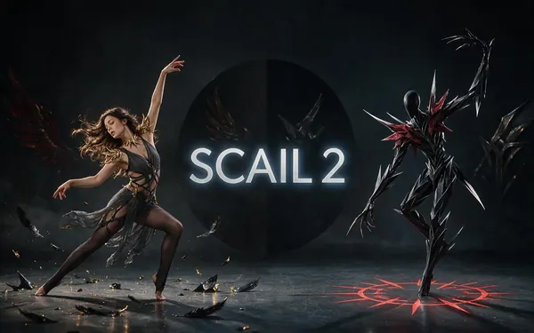 SCAIL 2 title card — a fictional adult dancer being replaced mid-routine by a different stylised character