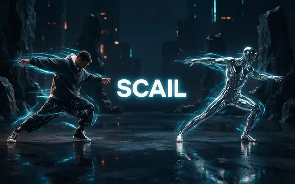 SCAIL title card — a fictional adult street dancer mid-move with glowing motion trails