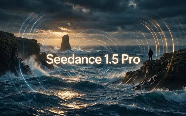 Seedance 1.5 Pro title card — a film still of waves crashing on cliffs with visible sound waves