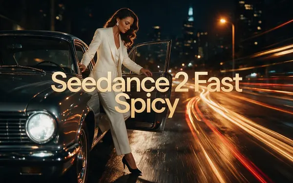 Seedance 2 Fast Spicy title card — glamorous high-fashion editorial
