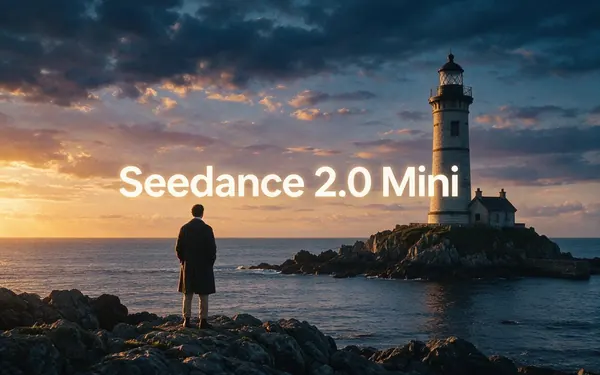 Seedance 2.0 Mini title card — a compact cinematic film still of a lighthouse at dusk