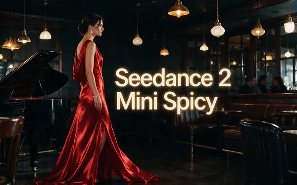 Seedance 2 Mini Spicy title card — glamorous high-fashion editorial