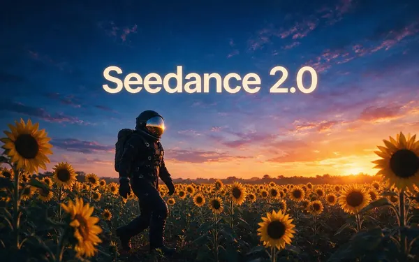 Seedance 2.0 title card — a cinematic film still of a lone astronaut walking through a field of sunflowers