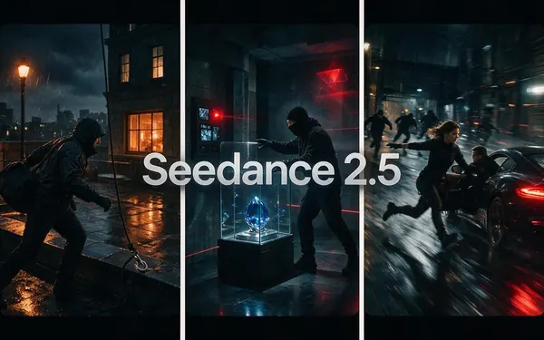 Seedance 2.5 title card — a multi-shot cinematic triptych of a heist sequence in crisp 4K