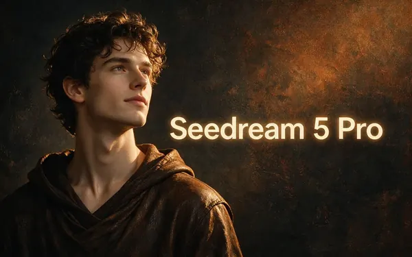 Seedream 5 Pro title card — a rich cinematic painted portrait of a fictional adult with deep texture and warm light