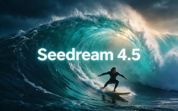 Seedream 4.5 title card — a bold 4K poster-style photo illustration of a surfer inside a giant turquoise wave