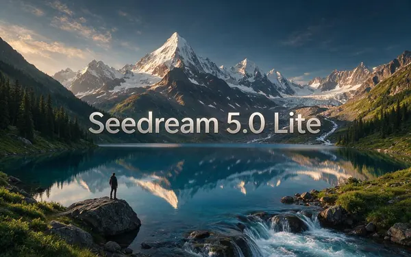 Seedream 5.0 Lite title card — a crisp 4K photoreal alpine lake landscape with mirror reflections and snow peaks
