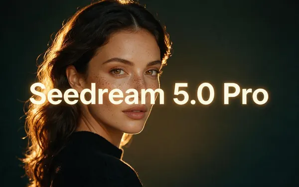 Seedream 5.0 Pro title card — a gallery-worthy photoreal portrait of a fictional adult woman with freckles in golden-hour light