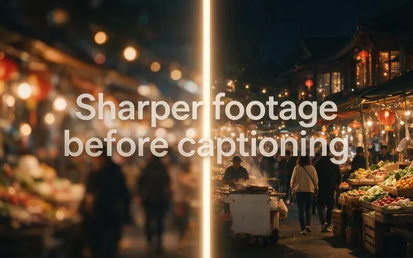 Sharper footage before captioning title card — a blurry street-market video frame turning crisp on the right