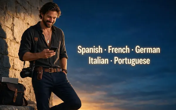 Spanish · French · German · Italian · Portuguese title card — a fictional adult creator talking to a phone in a sunny old European plaza with a fountain and café tables