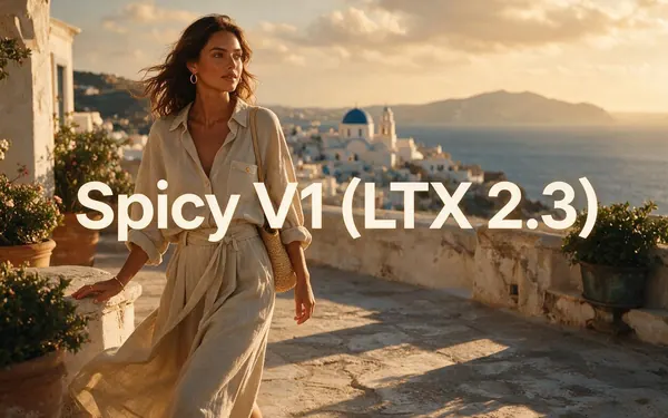 Spicy V1 (LTX 2.3) title card — glamorous high-fashion editorial