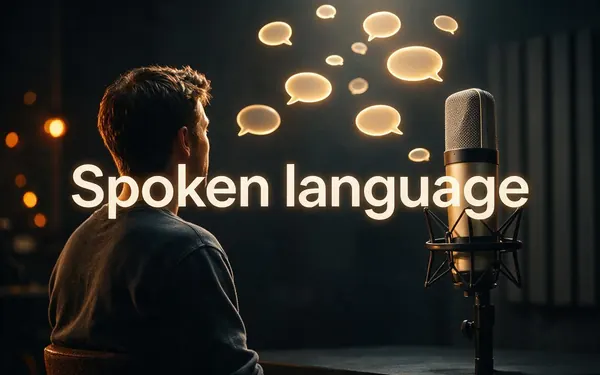 Spoken language title card — several soft speech bubbles of light floating above a microphone