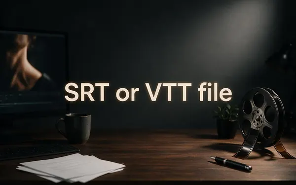 SRT or VTT file title card — a plain sheet of paper with soft unreadable grey lines beside a film reel