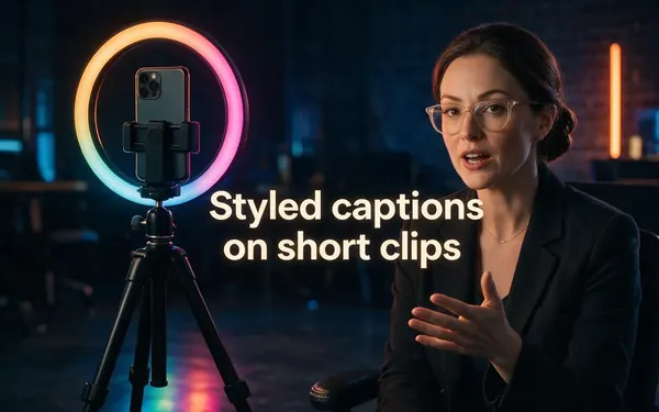 Styled captions on short clips title card — a vertical phone on a tripod filming a fictional adult speaking to camera with colourful ring light