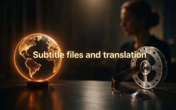 Subtitle files and translation title card — a globe of light and a film reel side by side on a dark desk