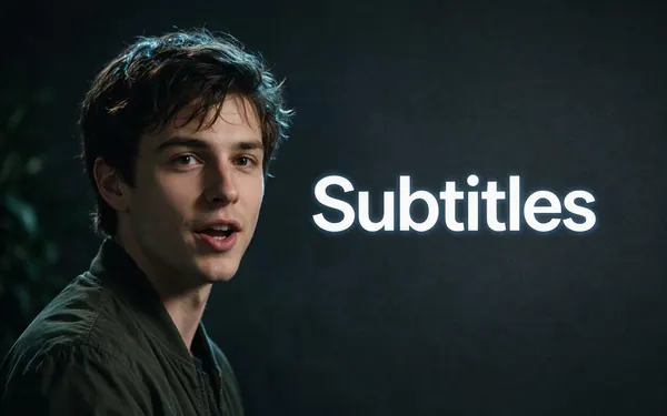 Subtitles title card — a vertical phone video of a fictional adult talking with blank glowing caption bars (no letters)