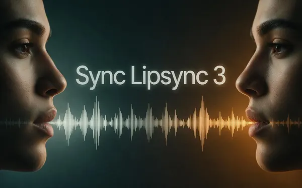 Sync Lipsync 3 title card — a fictional adult speaker's lips synced to a waveform that stretches to match a longer audio track