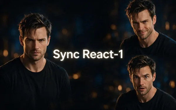 Sync React-1 title card — a fictional adult actor's emotion-controlled performance
