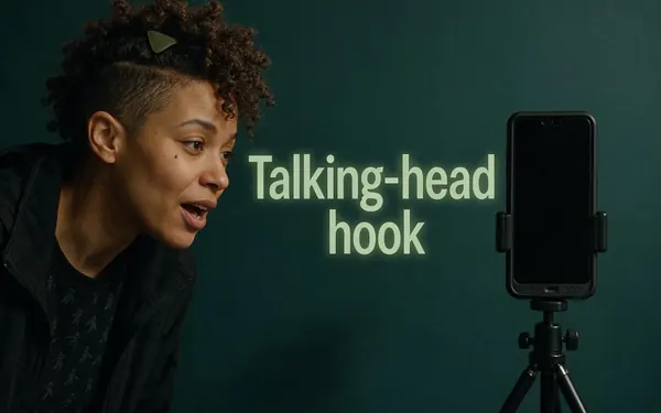 Talking-head hook title card — close-up of a fictional adult creator leaning toward a vertical phone camera mid-sentence