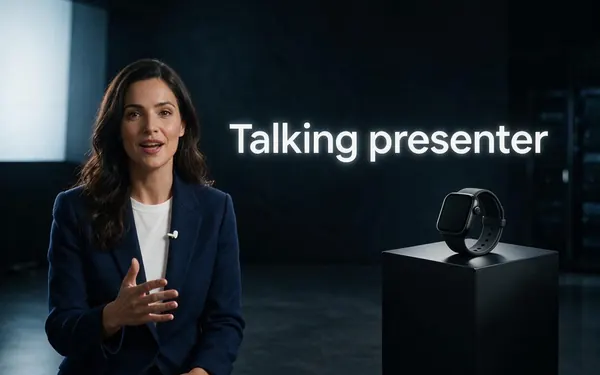 Talking presenter title card — a fictional adult presenter in a navy blazer speaking to camera in a modern studio