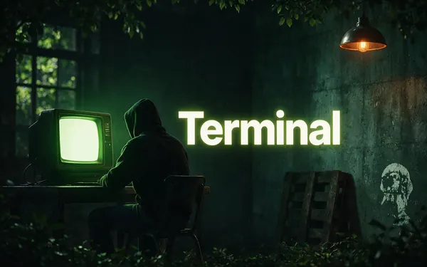 Terminal title card — a dark room lit by the soft green glow of an old CRT monitor with an empty screen