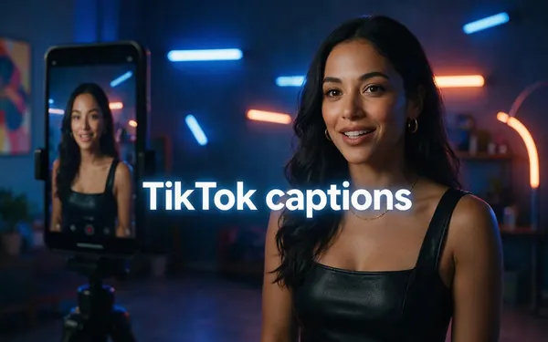 TikTok captions title card — a vertical phone filming a fictional adult speaking to camera in a neon-lit room
