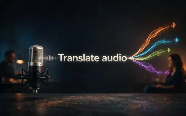 Translate audio title card — a podcast microphone with a speech wave splitting into coloured streams for other languages