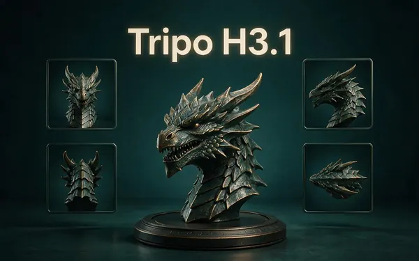 Tripo H3.1 title card — a high-detail 3D sculpture of a dragon head on a turntable
