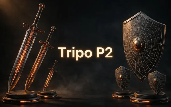 Tripo P2 title card — a crisp game-ready 3D sword and shield asset set on a turntable