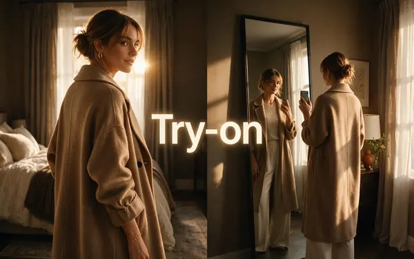 Try-on title card — a fictional adult woman in front of a tall mirror trying on an oversized camel coat