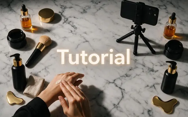 Tutorial title card — top-down view of hands demonstrating an unbranded skincare routine step by step on a marble counter