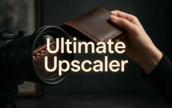 Ultimate Upscaler title card — a marketing photo of a hand-stitched leather wallet with a magnifier lens revealing extreme fine detail in the stitching; the wallet is plain and unb