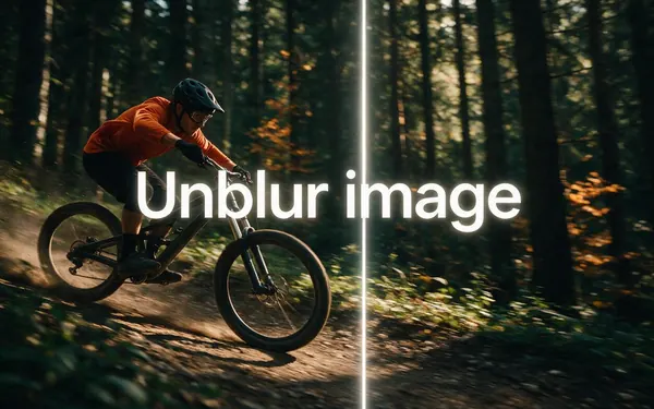 Unblur image title card — a blurry photo of a cyclist on a forest trail turning sharp on the right side