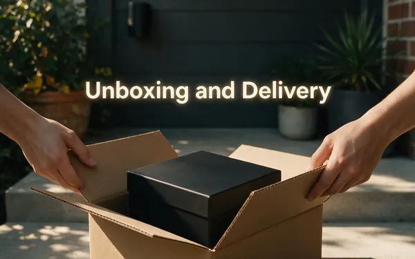 Unboxing and Delivery title card — hands opening a plain cardboard delivery box on a sunny doorstep